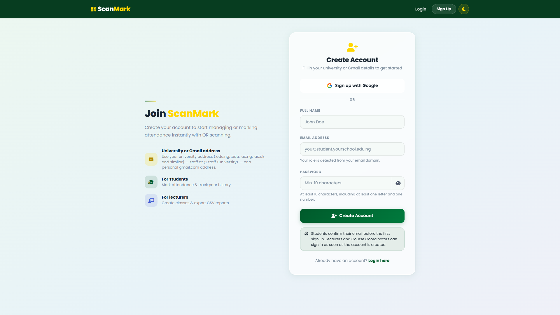 ScanMark app — Create Account page